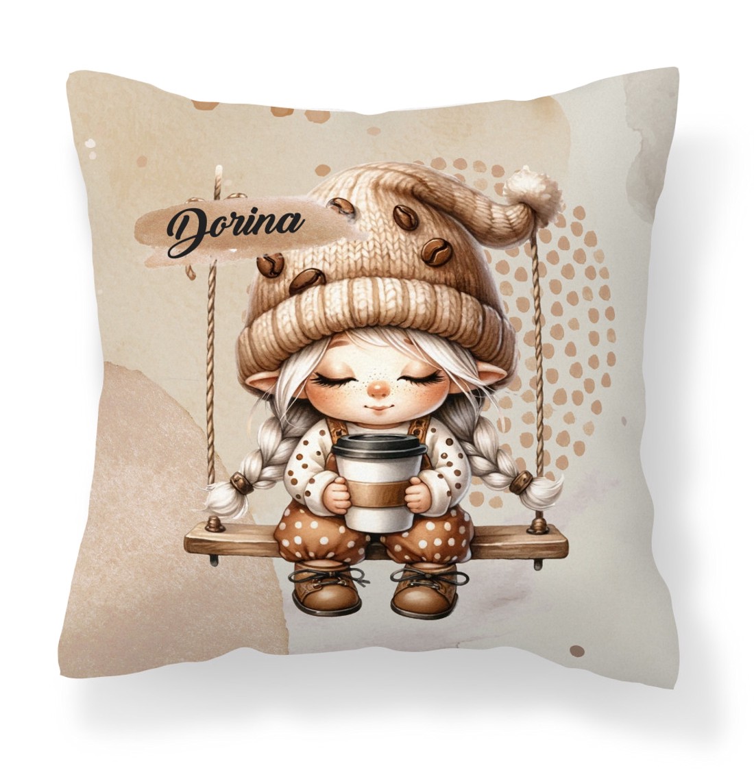 Névvel kérhető - Hintázó kávés manó lány mintás párna - otthon & életmód - lakástextil - párna & párnahuzat - díszpárna (belsővel együtt) - Meska.hu
