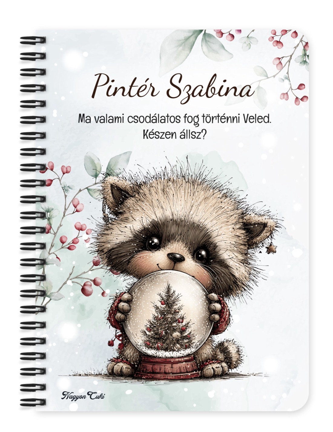 Személyre szabható - Cuki téli mosómaci hógömbbel mintás A5-ös füzet - otthon & életmód - papír, írószer - jegyzetfüzet & napló - Meska.hu