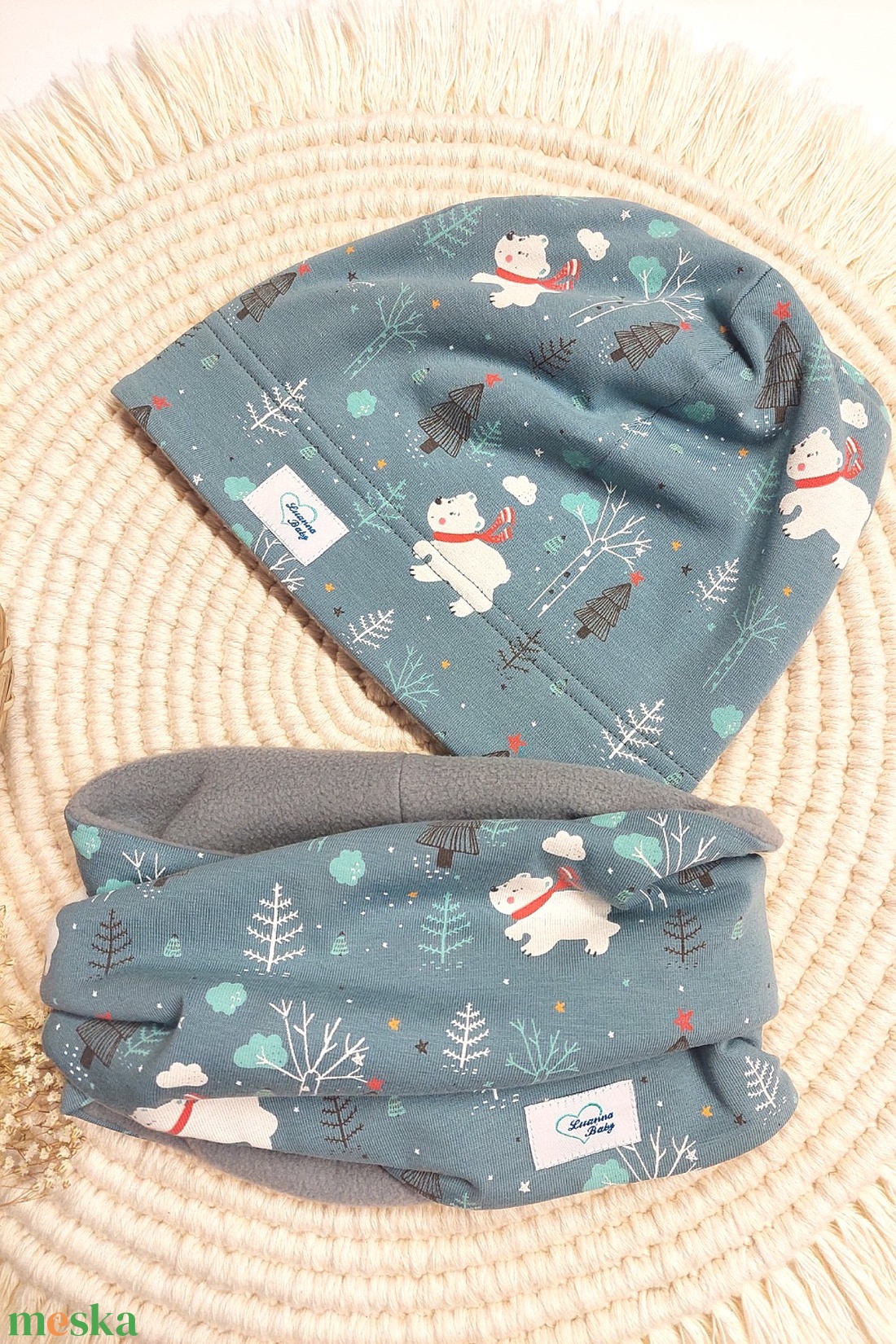 Téli gyerek sapka, sálas maci kék, LuannaBaby  - ruha & divat - sál, sapka, kendő - sapka - Meska.hu