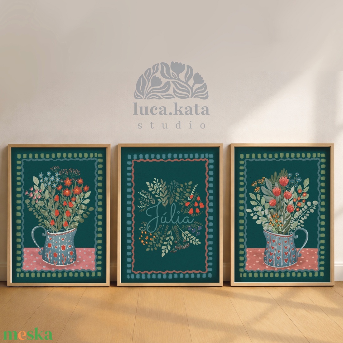 ,,Virágok tánca ( sötét háttér) személyre szóló 3 db-os illusztrációs kollekció, babaköszöntő, keresztelő ajándék - baba - mama - babaszoba dekoráció - babaszoba kép - Meska.hu