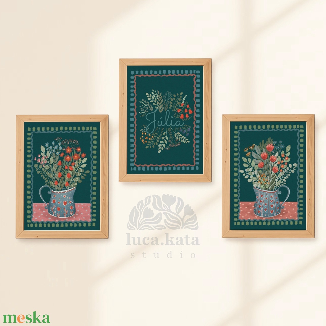 ,,Virágok tánca ( sötét háttér) személyre szóló 3 db-os illusztrációs kollekció, babaköszöntő, keresztelő ajándék - baba - mama - babaszoba dekoráció - babaszoba kép - Meska.hu