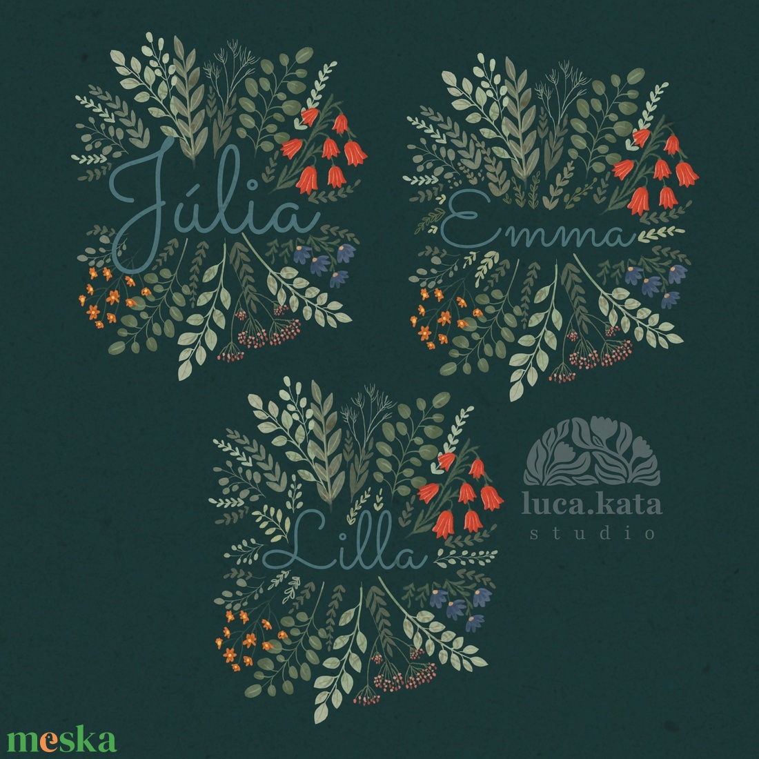 ,,Virágok tánca ( sötét háttér) személyre szóló 3 db-os illusztrációs kollekció, babaköszöntő, keresztelő ajándék - baba - mama - babaszoba dekoráció - babaszoba kép - Meska.hu