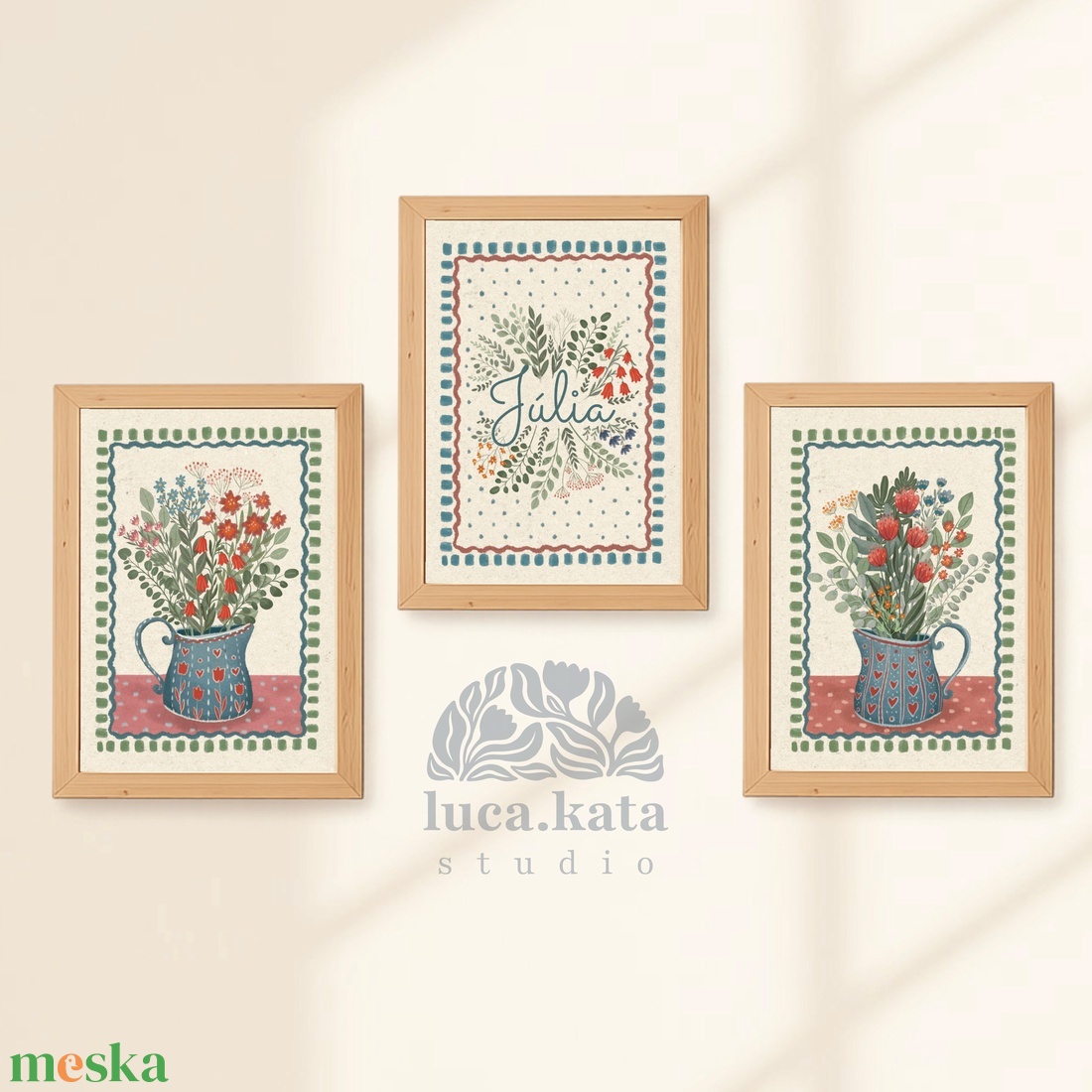 ,,Virágok tánca ( világos háttér) személyre szóló 3 db-os illusztrációs kollekció, babaköszöntő, keresztelő ajándék - baba - mama - babaszoba dekoráció - babaszoba kép - Meska.hu