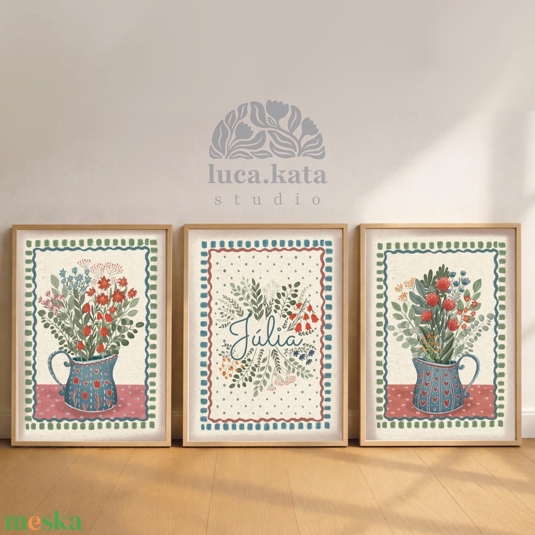 ,,Virágok tánca ( világos háttér) személyre szóló 3 db-os illusztrációs kollekció, babaköszöntő, keresztelő ajándék - baba - mama - babaszoba dekoráció - babaszoba kép - Meska.hu