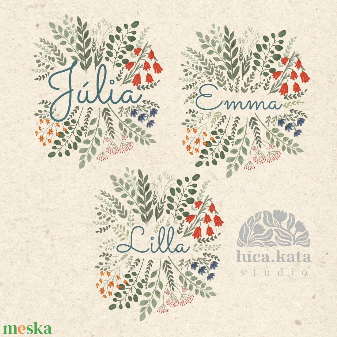 ,,Virágok tánca ( világos háttér) személyre szóló 3 db-os illusztrációs kollekció, babaköszöntő, keresztelő ajándék - baba - mama - babaszoba dekoráció - babaszoba kép - Meska.hu