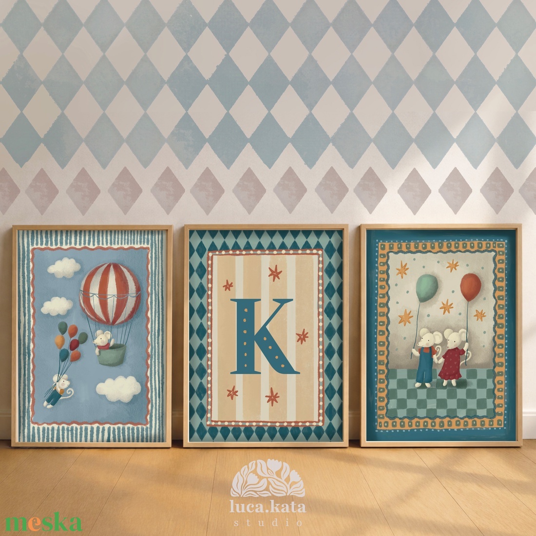 ,,Léggömbök személyre szóló 3 db-os illusztrációs kollekció, babaköszöntő, keresztelő ajándék - baba - mama - babaszoba dekoráció - babaszoba kép - Meska.hu