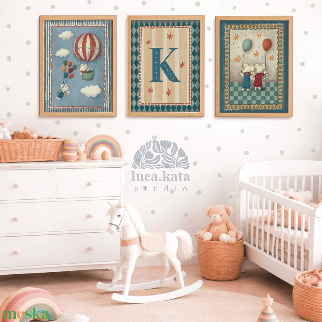 ,,Léggömbök személyre szóló 3 db-os illusztrációs kollekció, babaköszöntő, keresztelő ajándék - baba - mama - babaszoba dekoráció - babaszoba kép - Meska.hu