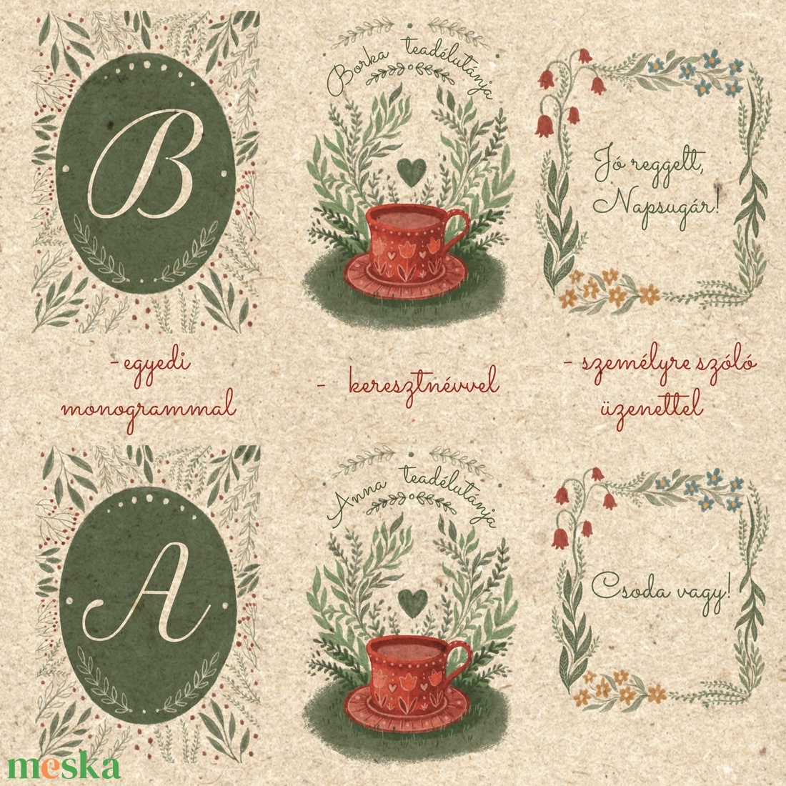 ,,Teadélután személyre szóló 6 db-os illusztrációs kollekció( VILÁGOS háttérrel), babaköszöntő, keresztelő ajándék - baba - mama - babaszoba dekoráció - babaszoba kép - Meska.hu