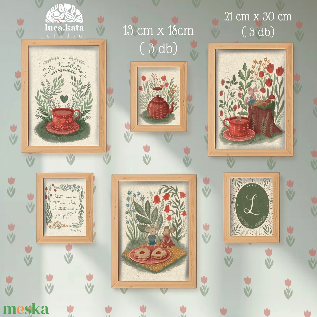 ,,Teadélután személyre szóló 6 db-os illusztrációs kollekció( VILÁGOS háttérrel), babaköszöntő, keresztelő ajándék - baba - mama - babaszoba dekoráció - babaszoba kép - Meska.hu