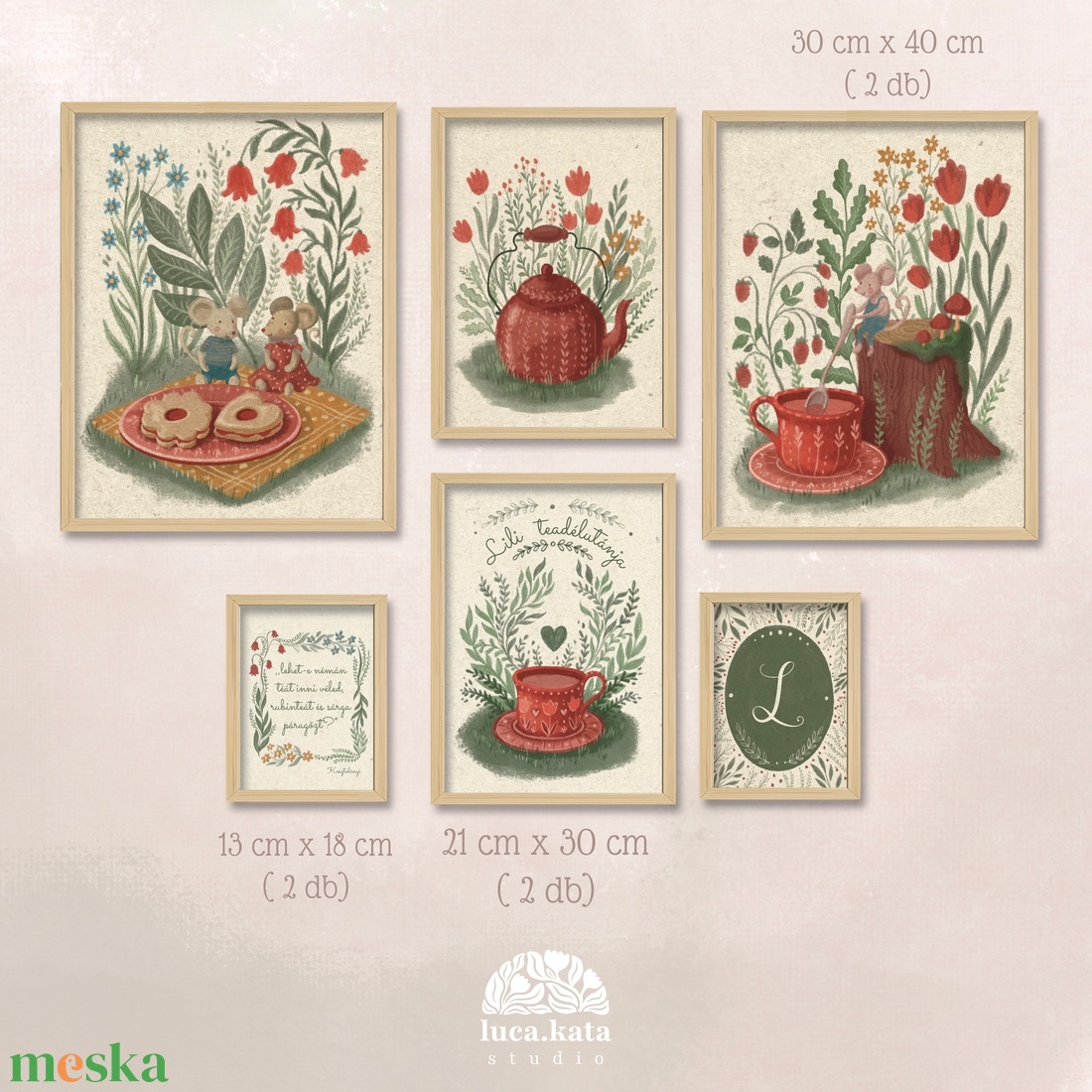 ,,Teadélután személyre szóló 6 db-os illusztrációs kollekció( VILÁGOS háttérrel), babaköszöntő, keresztelő ajándék - baba - mama - babaszoba dekoráció - babaszoba kép - Meska.hu