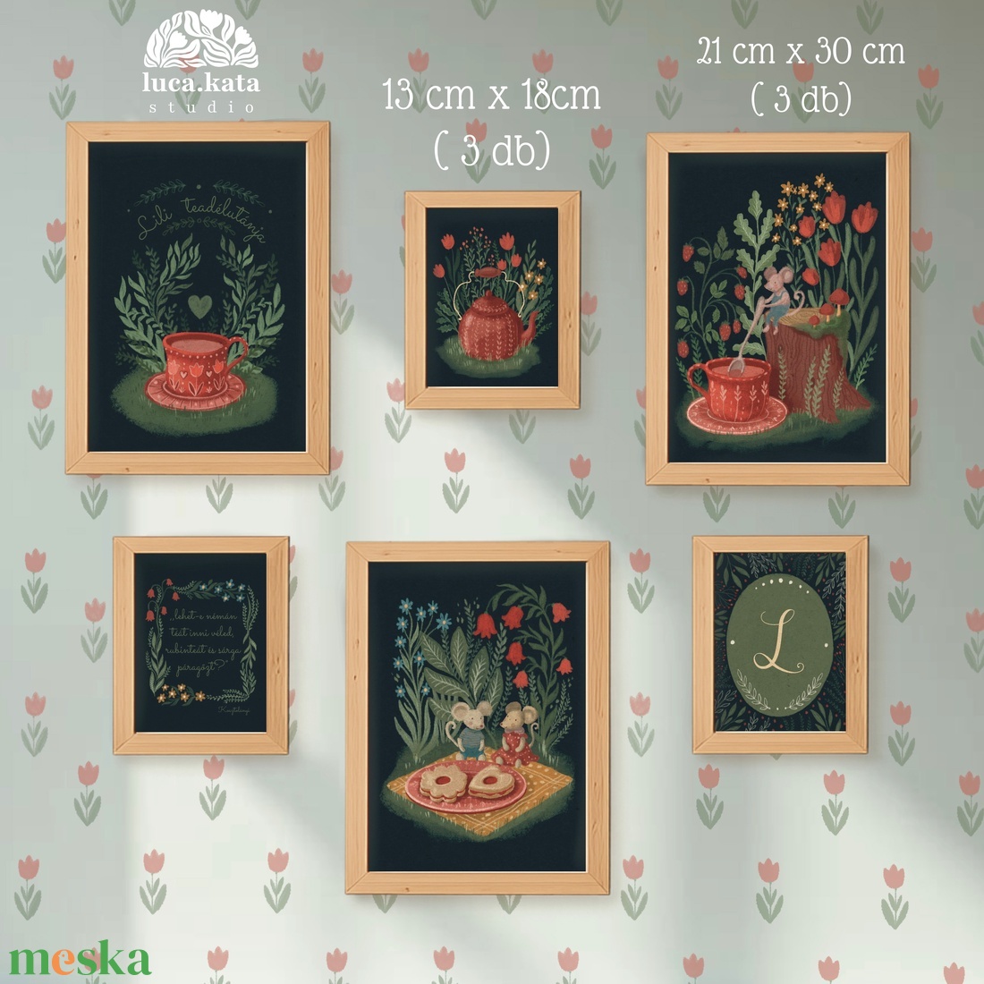 ,,Teadélután személyre szóló 6 db-os illusztrációs kollekció( Sötét háttérrel), babaköszöntő, keresztelő ajándék - baba - mama - babaszoba dekoráció - babaszoba kép - Meska.hu