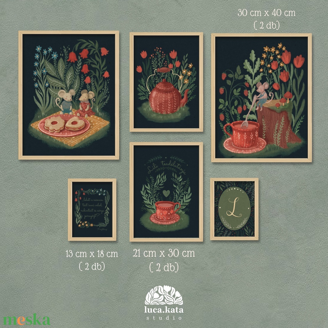 ,,Teadélután személyre szóló 6 db-os illusztrációs kollekció( Sötét háttérrel), babaköszöntő, keresztelő ajándék - baba - mama - babaszoba dekoráció - babaszoba kép - Meska.hu