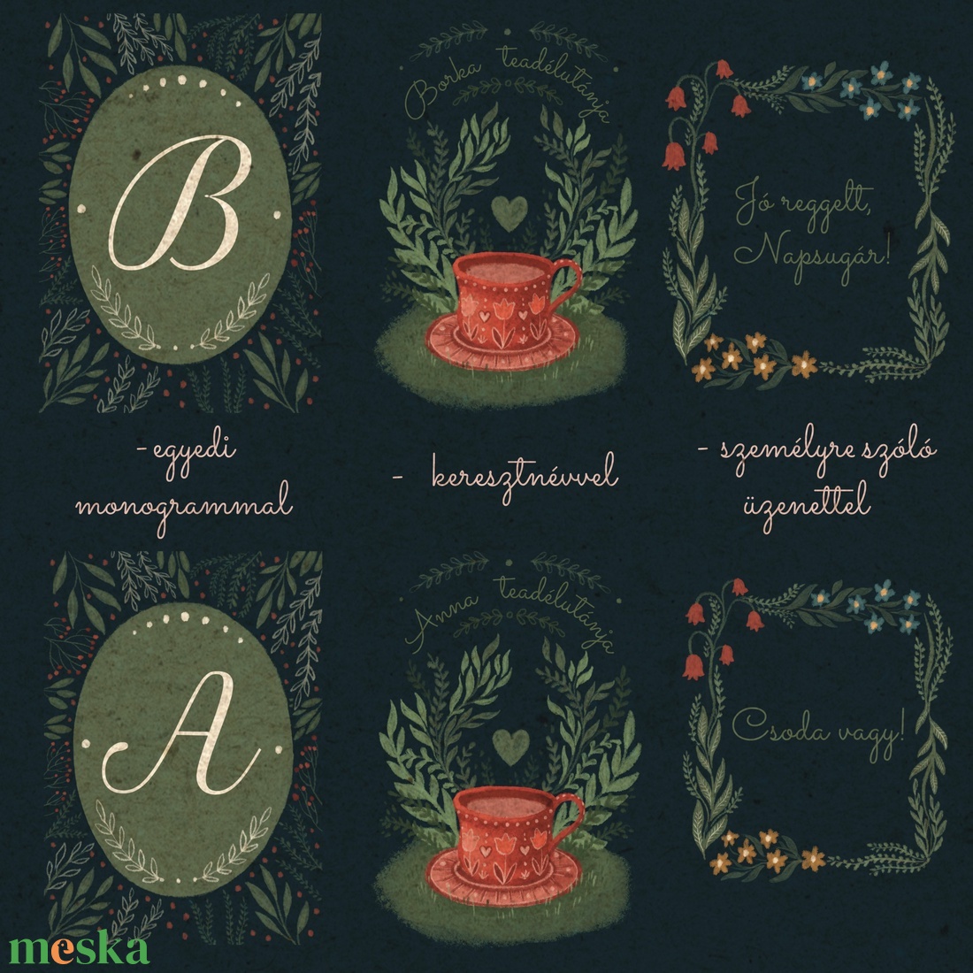 ,,Teadélután személyre szóló 6 db-os illusztrációs kollekció( Sötét háttérrel), babaköszöntő, keresztelő ajándék - baba - mama - babaszoba dekoráció - babaszoba kép - Meska.hu