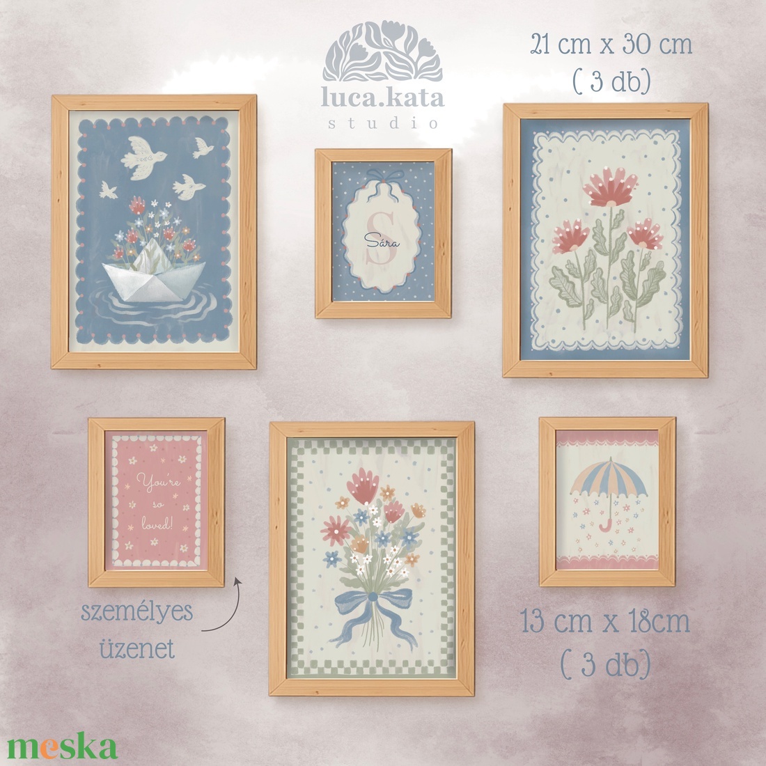 ,,Álmok és szirmok személyre szóló 6 db-os illusztrációs kollekció, babaköszöntő, keresztelő ajándék - baba - mama - babaszoba dekoráció - babaszoba kép - Meska.hu