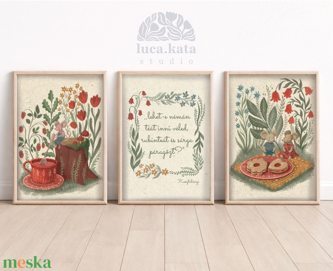 ,,Teadélután /világos háttér/ személyre szóló 3 db-os illusztrációs kollekció, babaköszöntő, keresztelő ajándék - baba - mama - babalátogató ajándékcsomag - Meska.hu