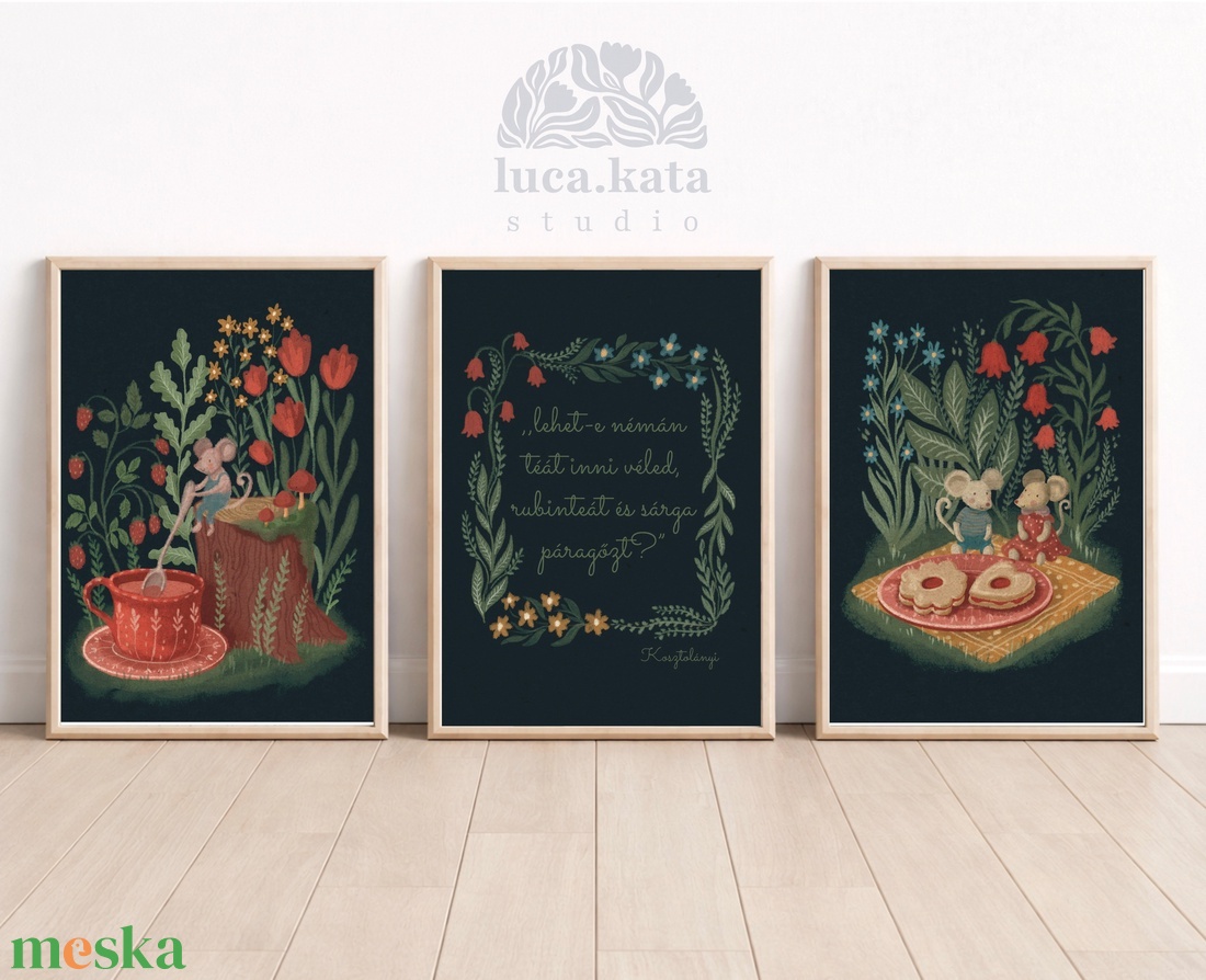 ,,Teadélután / sötét háttér/ személyre szóló 3 db-os illusztrációs kollekció, babaköszöntő, keresztelő ajándék - baba - mama - babalátogató ajándékcsomag - Meska.hu