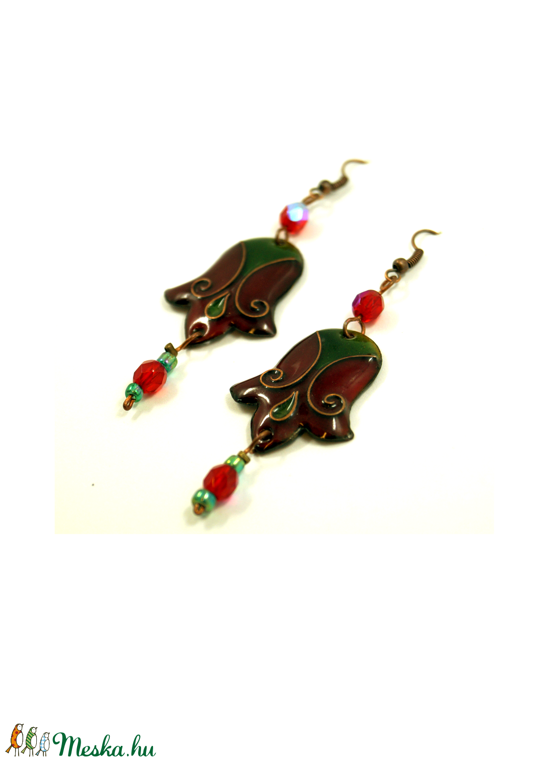 Bordó, zöld tulipán alakú tűzzománc fülbevaló  -  - Meska.hu