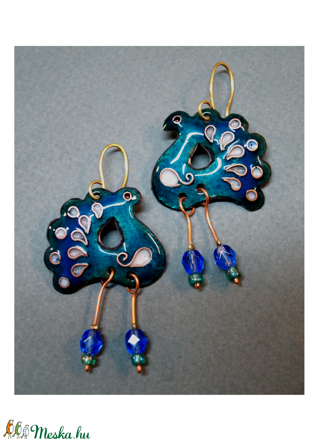 Pávás tűzzománc fülbevaló- türkiz -  - Meska.hu
