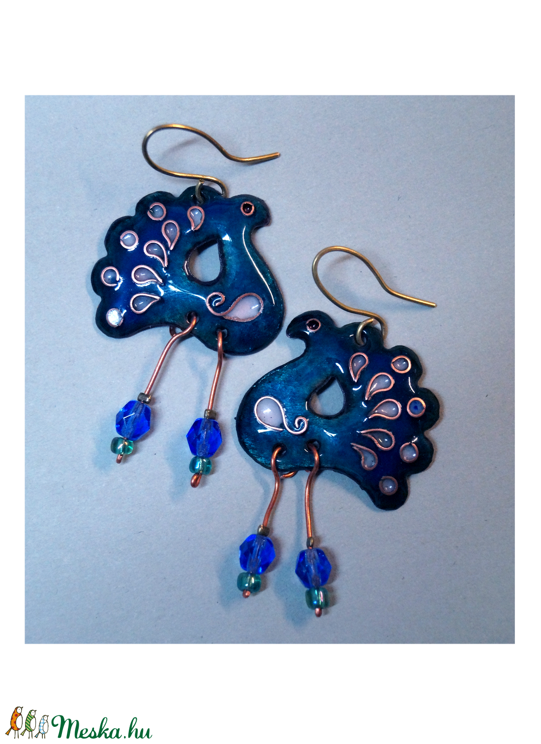 Pávás tűzzománc fülbevaló- türkiz -  - Meska.hu