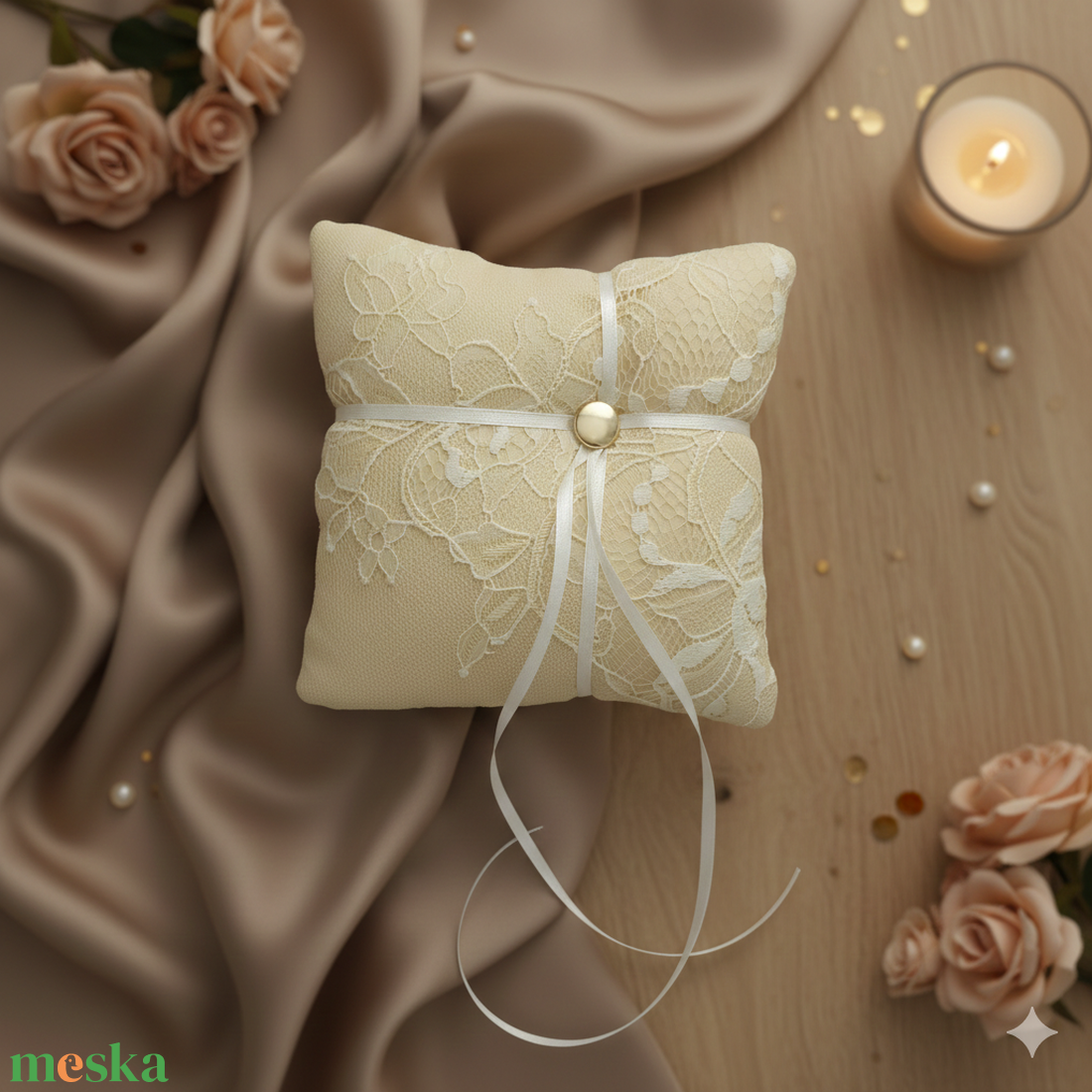 Esküvői ekrü csipkés gyűrűpárna - esküvő - kiegészítők - gyűrűtartó & gyűrűpárna - Meska.hu