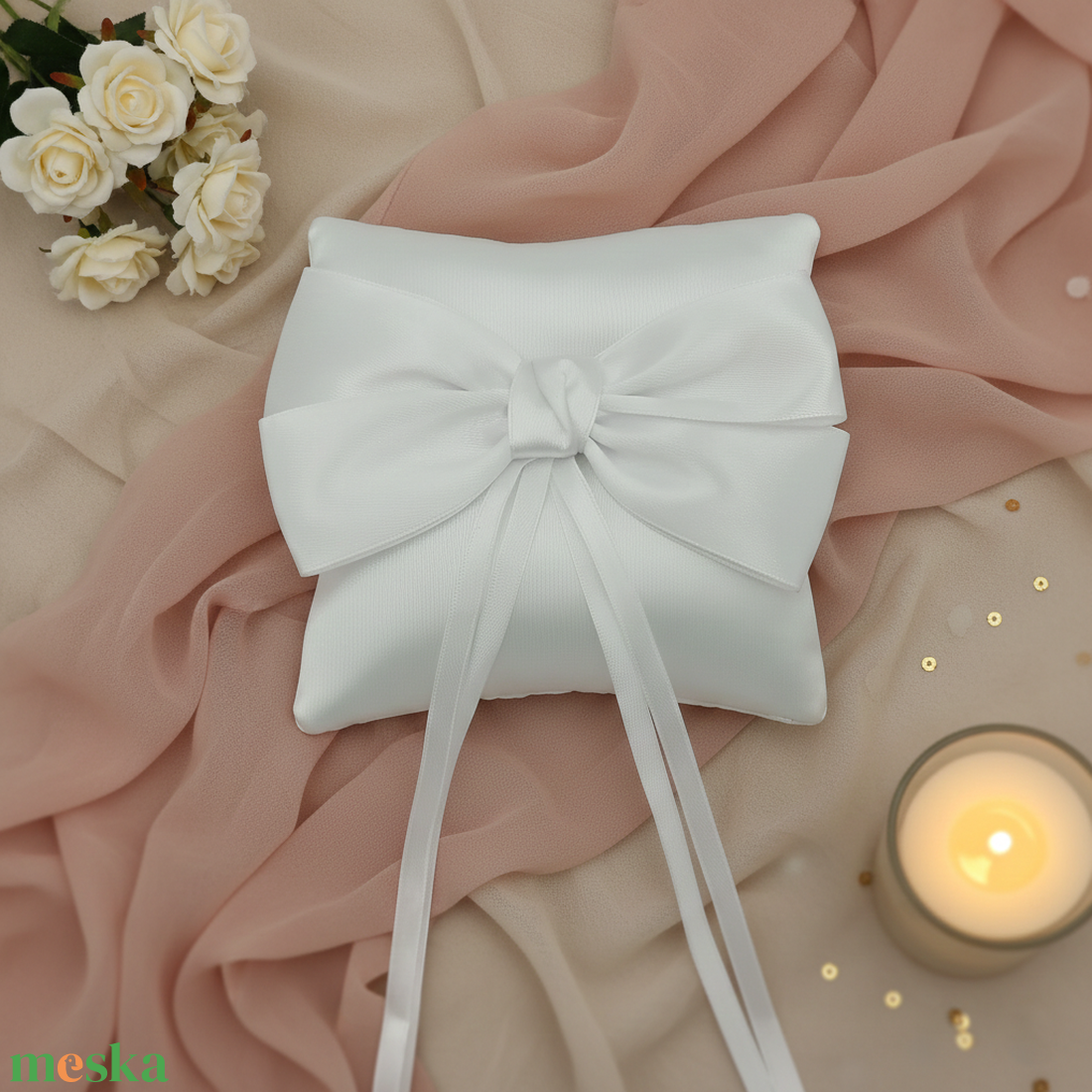Esküvői fehér nagy masnis szatén gyűrűpárna - esküvő - kiegészítők - gyűrűtartó & gyűrűpárna - Meska.hu