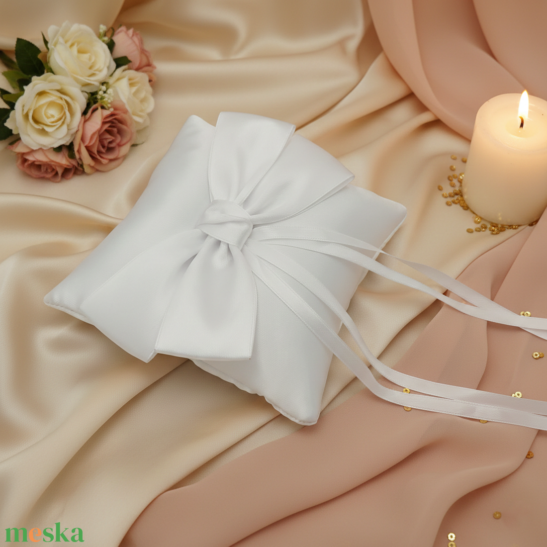 Esküvői fehér nagy masnis szatén gyűrűpárna - esküvő - kiegészítők - gyűrűtartó & gyűrűpárna - Meska.hu