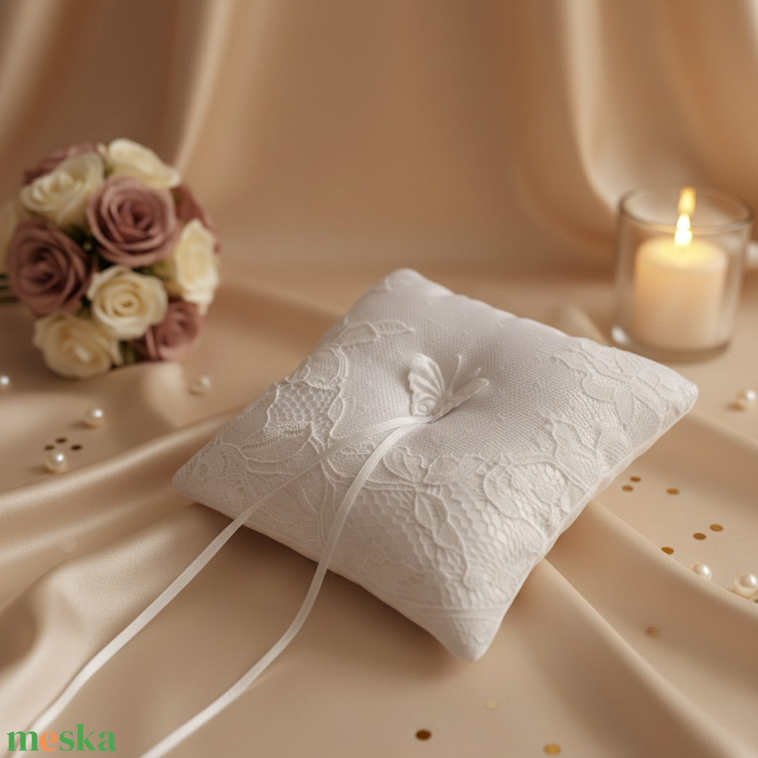 Esküvői fehér szatén gyűrűpárna csipkével - esküvő - kiegészítők - gyűrűtartó & gyűrűpárna - Meska.hu