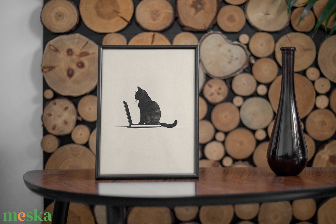 Macska laptopon minimalista digitális festményről készült nyomat - művészet - grafika & illusztráció - művészi nyomat - Meska.hu