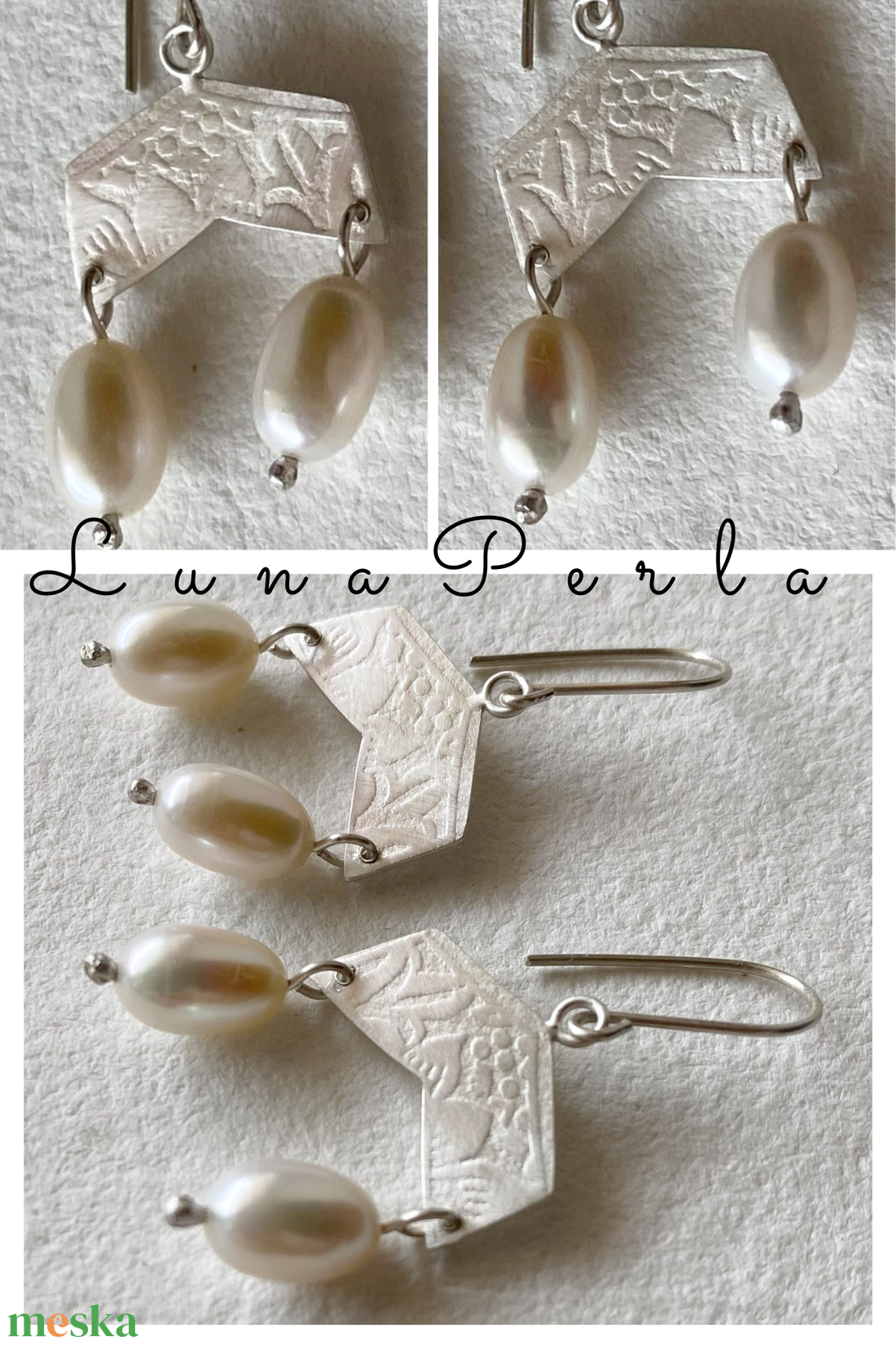 Ezüst fülbevaló tenyésztett gyönggyel - ékszer - fülbevaló - lógó fülbevaló - Meska.hu