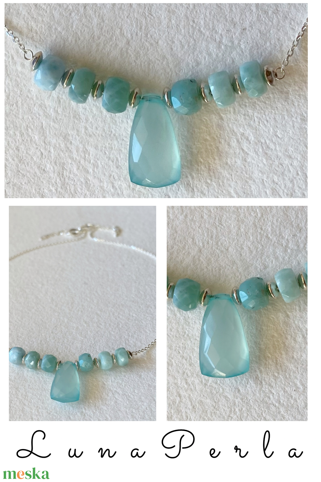 Larimár és kalcedon  -  ezüst nyaklánc - ékszer - karkötő - gyöngyös karkötő - Meska.hu