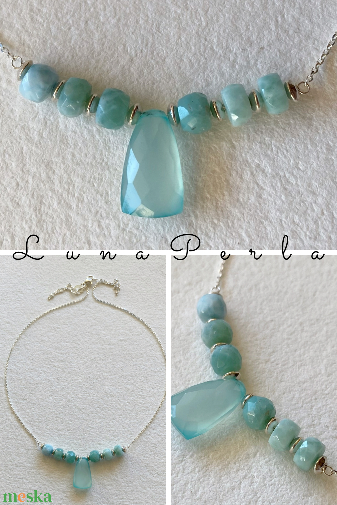 Larimár és kalcedon  -  ezüst nyaklánc - ékszer - karkötő - gyöngyös karkötő - Meska.hu