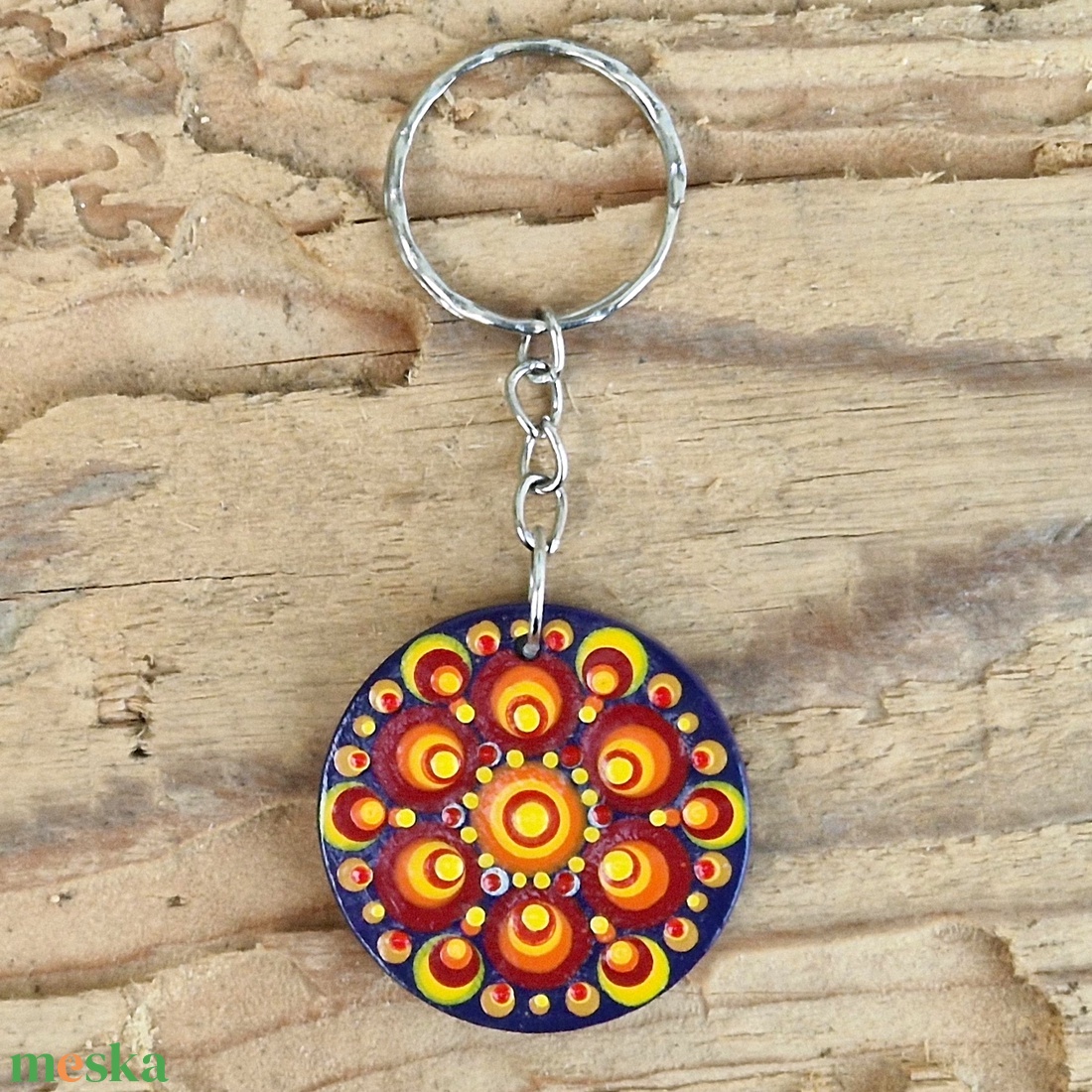 Fa kulcstartó, kulcskarika, táskadísz pontfestéssel (narancs mandala) - táska & tok - kulcstartó & táskadísz - kulcstartó - Meska.hu