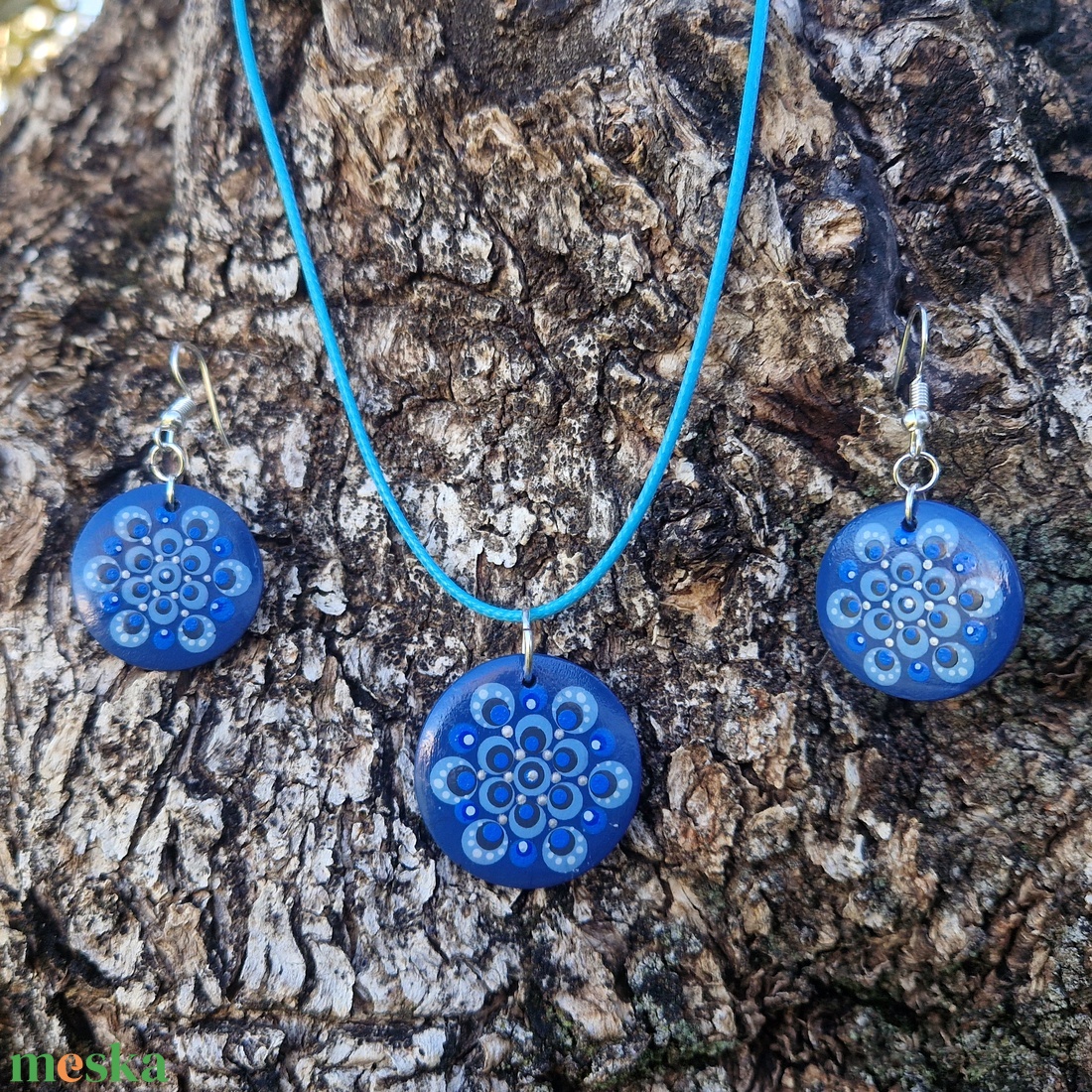 Ékszerszett pontfestéssel  - nyaklánc + fülbevaló (kis, kék mandala) - ékszer - ékszerszett - Meska.hu