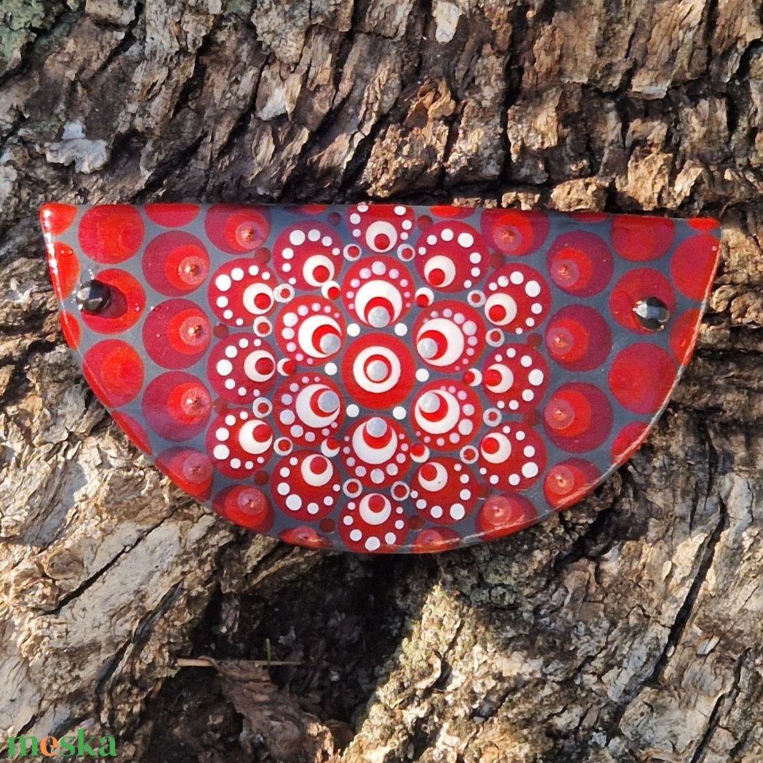 Kerámia hajcsat, francia csat pontfestéssel (piros-fehér mandala) - ruha & divat - hajdísz & hajcsat - hajcsat & hajtű - Meska.hu