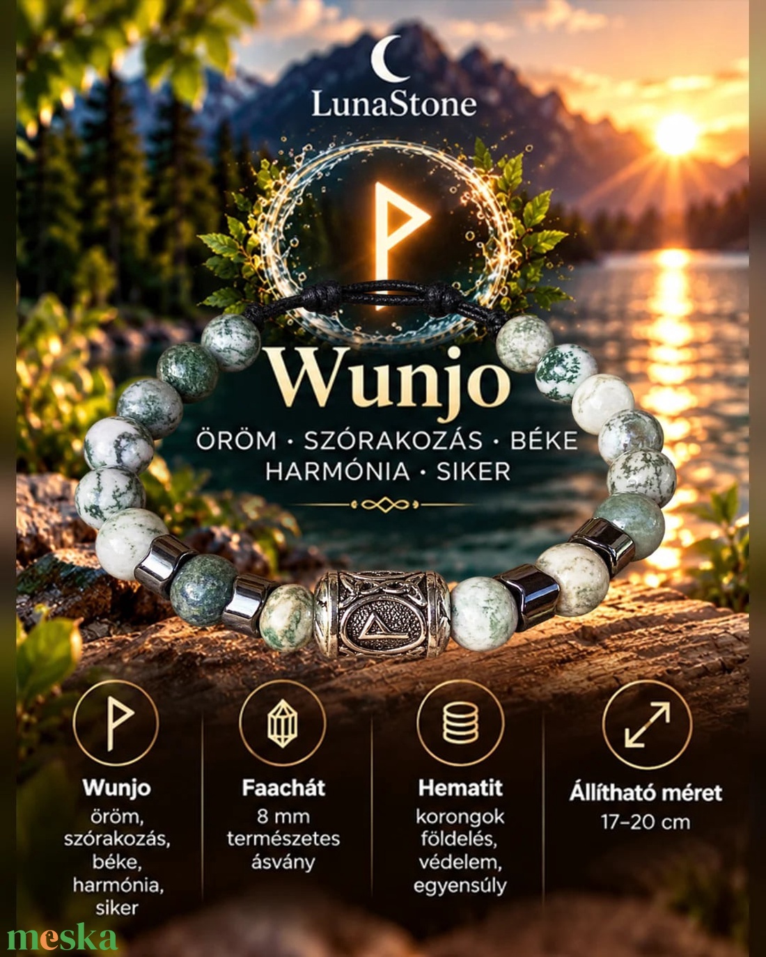Wunjo Öröm Harmónia - viking rúna - ékszer - karkötő - ásványkarkötő - Meska.hu