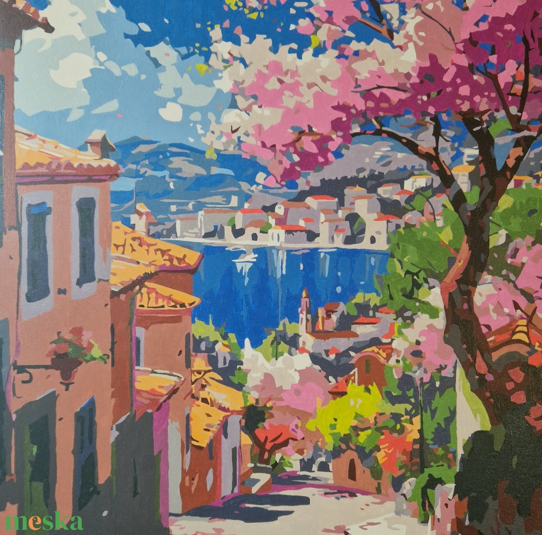 Tavaszi séta a cseresznyefa alatt (Kész számfestő kép, 50x40 cm) - művészet - festmény - akril - Meska.hu