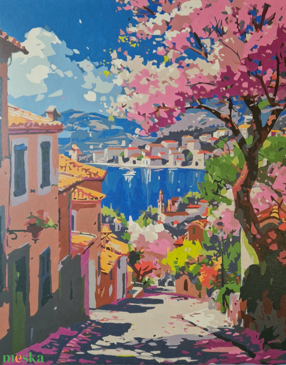 Tavaszi séta a cseresznyefa alatt (Kész számfestő kép, 50x40 cm) - művészet - festmény - akril - Meska.hu