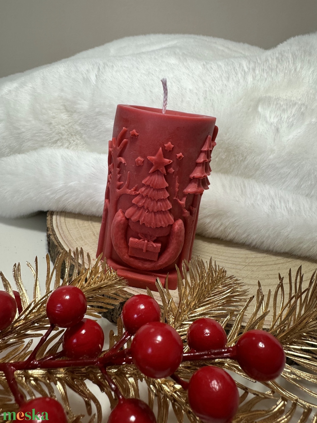 Szarvasos Szójaviasz Henger Gyertya - Piros - otthon & életmód - gyertya, illat, aroma - gyertya - Meska.hu