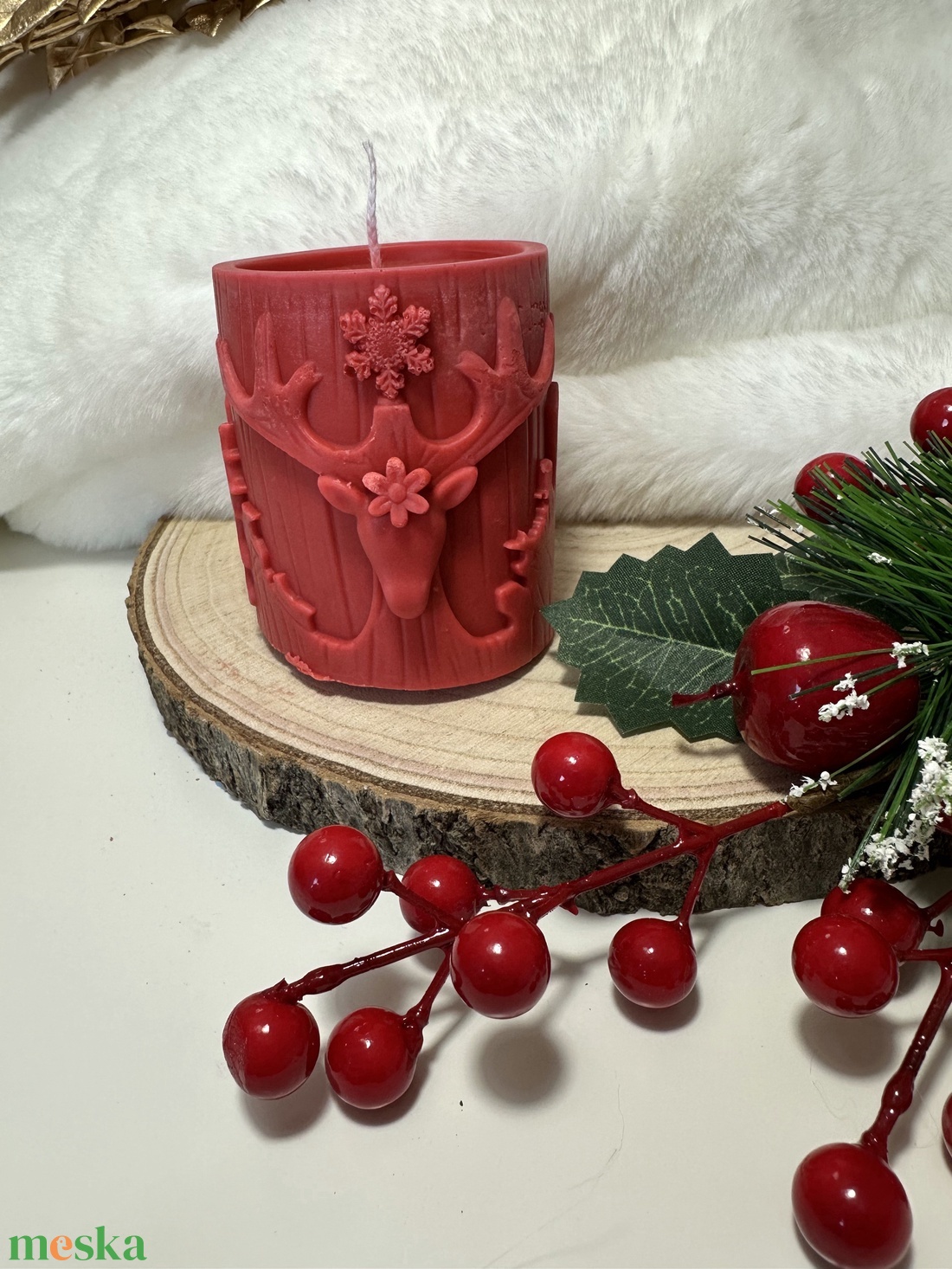 Szarvasos Szójaviasz Henger Gyertya - Piros - otthon & életmód - gyertya, illat, aroma - gyertya - Meska.hu