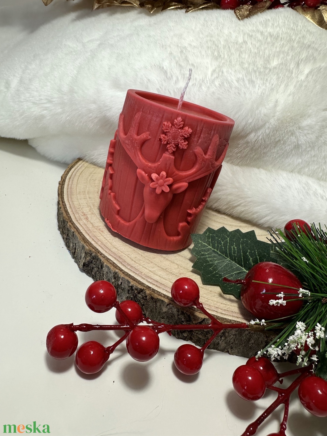 Szarvasos Szójaviasz Henger Gyertya - Piros - otthon & életmód - gyertya, illat, aroma - gyertya - Meska.hu