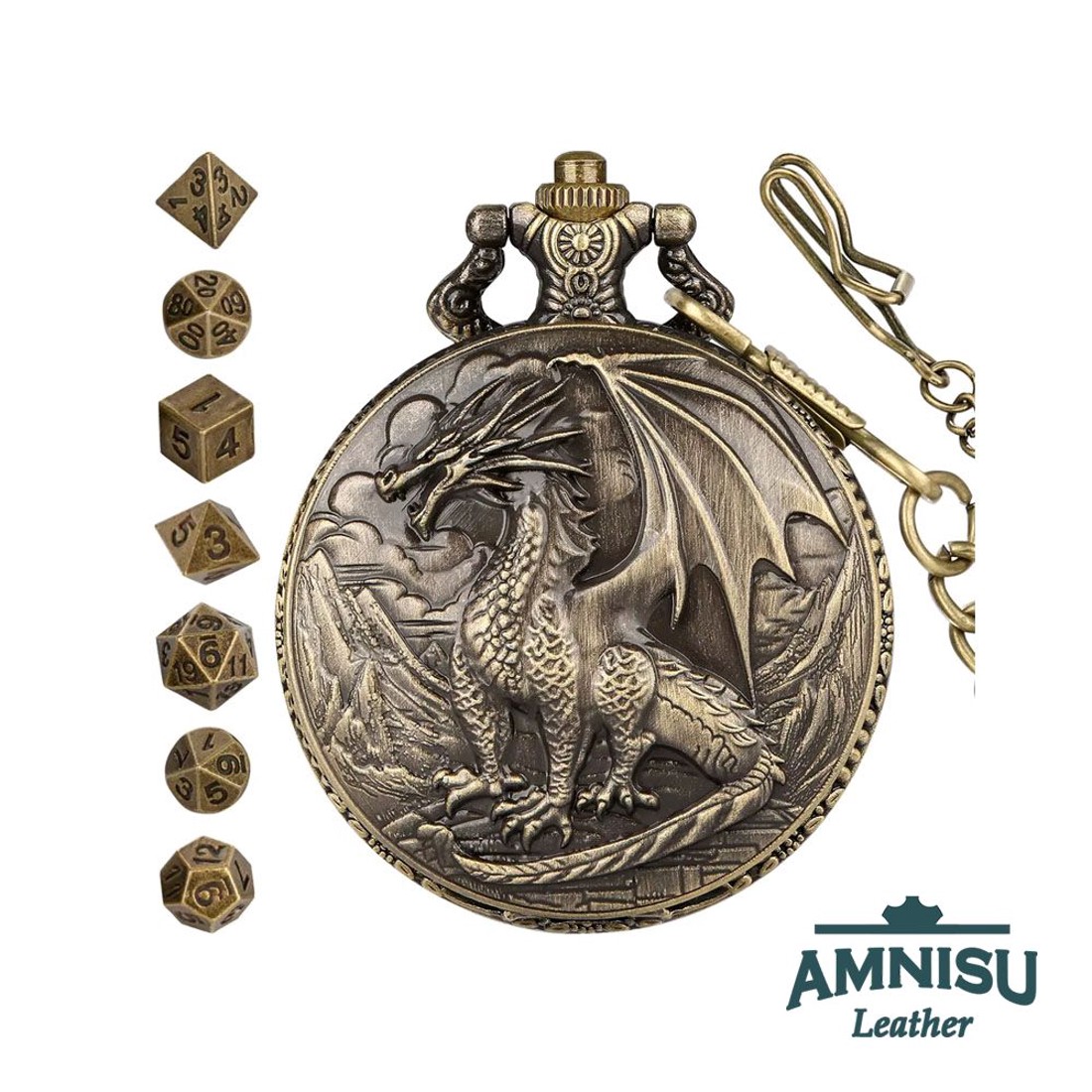 Bronz sárkányos mini fém kockaszett zsebóra tokban - játék & sport - szerepjáték - Meska.hu