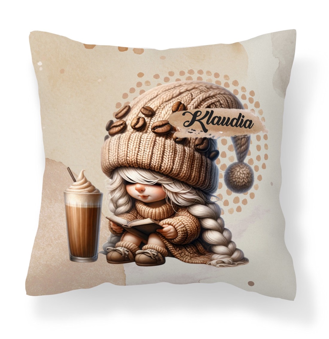 Névvel kérhető kávés manó lány - Kávé és könyv mintás párna - otthon & életmód - lakástextil - párna & párnahuzat - díszpárna (belsővel együtt) - Meska.hu