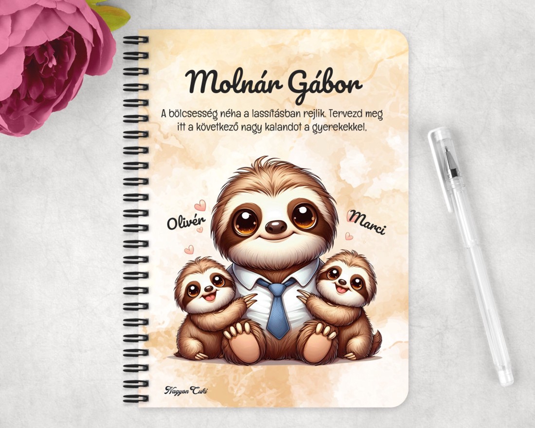 Személyre szabható - Cuki lajhár Nyakkendős Apa és két gyerek mintás A5-ös füzet - otthon & életmód - papír, írószer - jegyzetfüzet & napló - Meska.hu