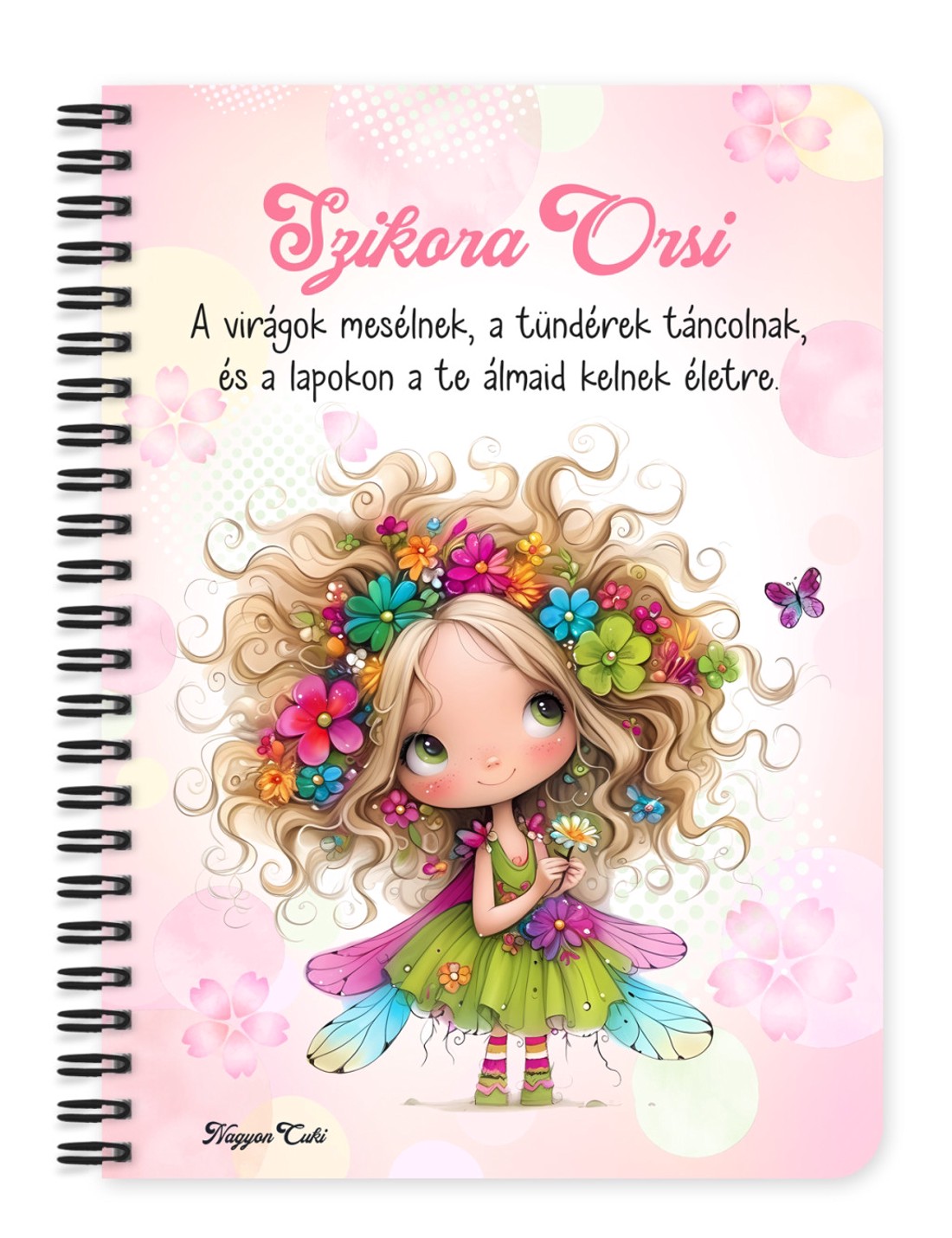 Személyre szabható - Bájos virág tündér pillangóval mintás A5-ös füzet - otthon & életmód - papír, írószer - jegyzetfüzet & napló - Meska.hu