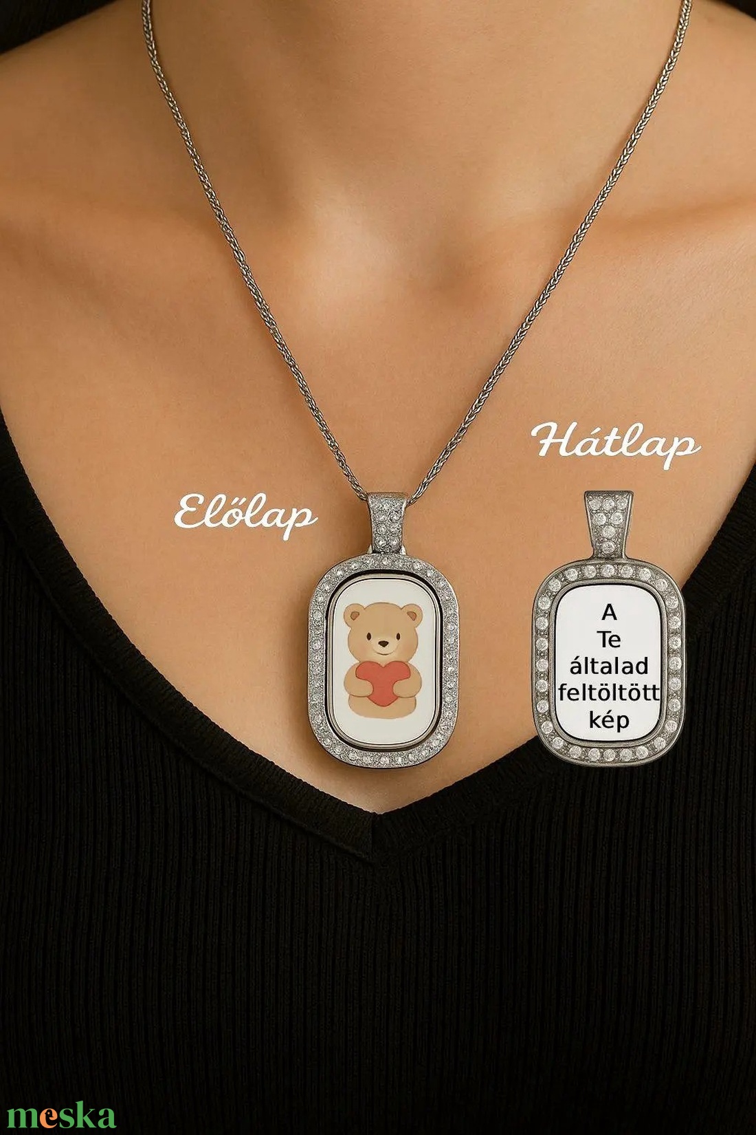 Kétoldalas kristályos nyaklánc � egyedi fotóval és macis mintával - ékszer - nyaklánc - medálos nyaklánc - Meska.hu