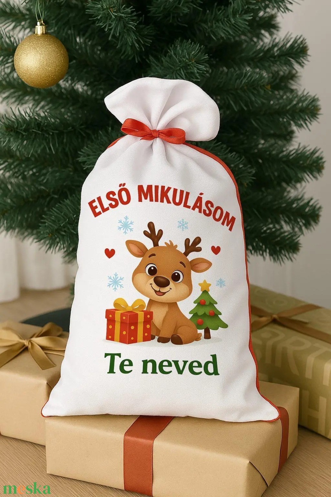 Mikulás zsák � Első Mikulásom � személyre szóló névvel, rénszarvas mintával - karácsony - mikulás - mikulás zsák - Meska.hu