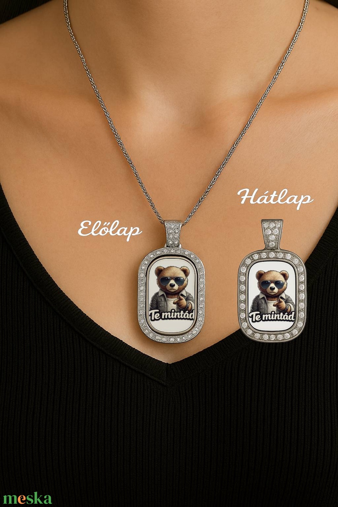 Kétoldalas kristályos nyaklánc � egyedi fotóval és macis mintával - ékszer - nyaklánc - medálos nyaklánc - Meska.hu