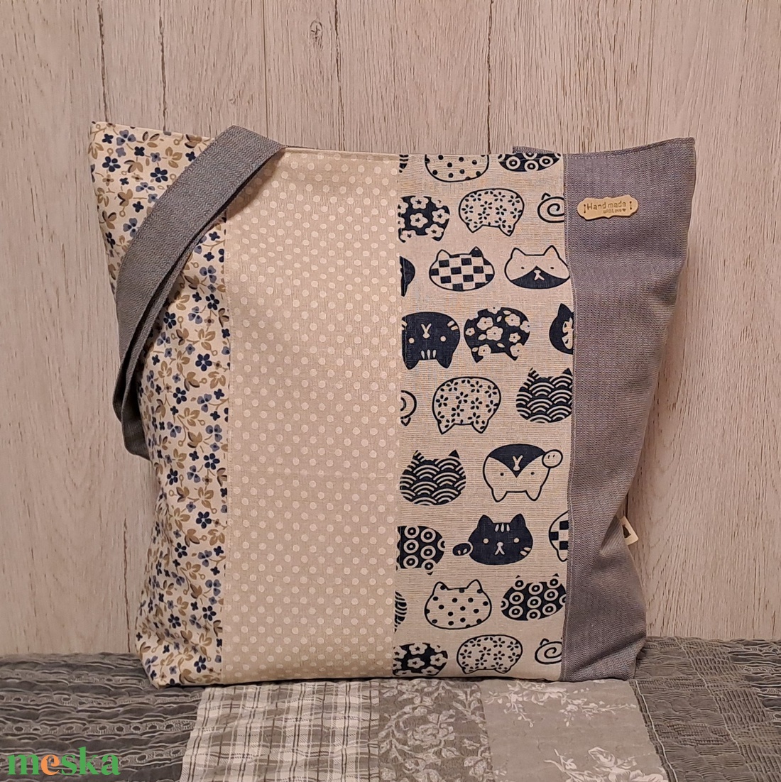 Kék-bézs variációk :) szatyor, ökotáska, válltáska - táska & tok - bevásárlás & shopper táska - shopper, textiltáska, szatyor - Meska.hu