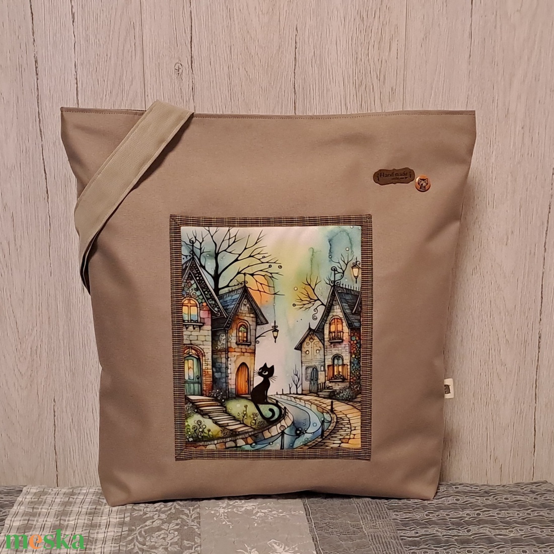 Fekete cicával :) szatyor, ökotáska, válltáska - táska & tok - bevásárlás & shopper táska - shopper, textiltáska, szatyor - Meska.hu