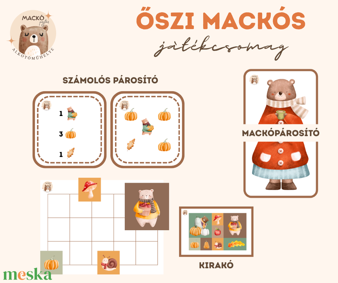 Őszi mackós játékcsomag - játék & sport - készségfejlesztő és logikai játék - oktató játékok - Meska.hu